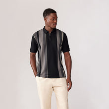 Load image into Gallery viewer, Black/White Vertical Stripe Quarter Zip Polo Shirt
