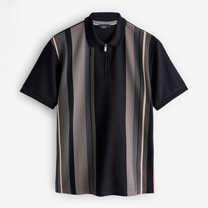 Black/White Vertical Stripe Quarter Zip Polo Shirt