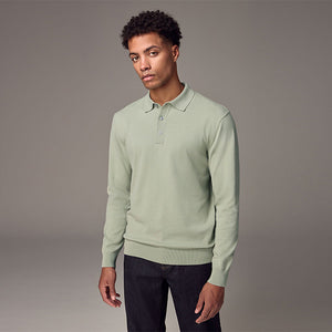 Light Green Regular Fit Knitted Long Sleeve Polo Shirt