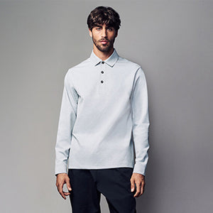 Grey Long Sleeve Smart Button Neck Polo Shirt