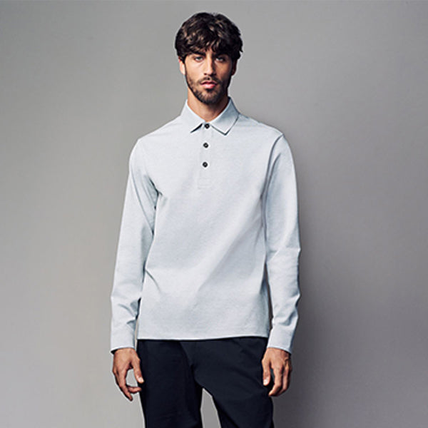 Grey Long Sleeve Smart Button Neck Polo Shirt