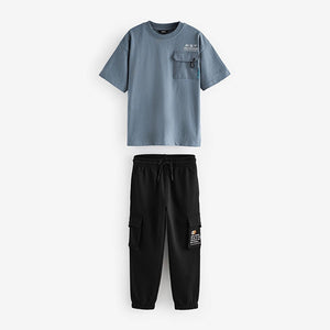 Grey/Blue Utility 100% Cotton Short Sleeve T-Shirt and Joggers Set