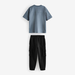 Grey/Blue Utility 100% Cotton Short Sleeve T-Shirt and Joggers Set