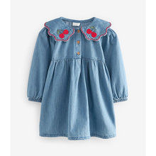 Load image into Gallery viewer, Blue Denim Cherry Embroidered Collar Dress (3mths-6yrs)
