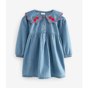 Blue Denim Cherry Embroidered Collar Dress (3mths-6yrs)
