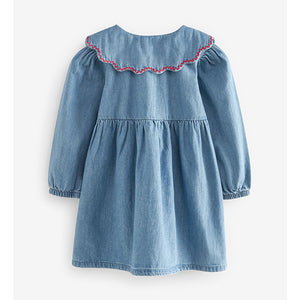 Blue Denim Cherry Embroidered Collar Dress (3mths-6yrs)
