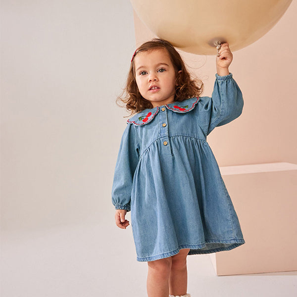 Blue Denim Cherry Embroidered Collar Dress (3mths-6yrs)