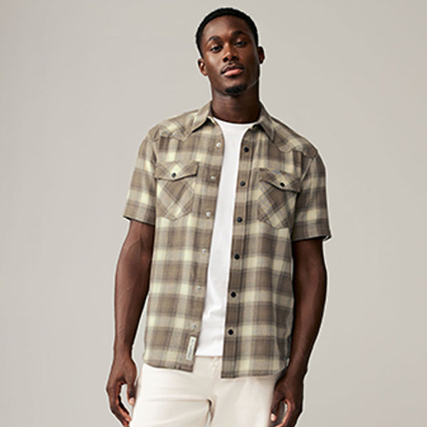 Stone Natural Short Sleeve Check Twin Pocket Western 100% Cotton Shirt