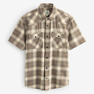 Stone Natural Short Sleeve Check Twin Pocket Western 100% Cotton Shirt