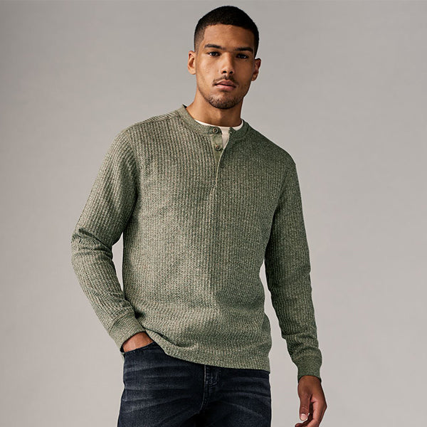 Green Waffle Textured Long Sleeve Grandad T-Shirt