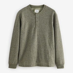 Green Waffle Textured Long Sleeve Grandad T-Shirt