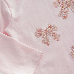 Pink 100% Cotton Long Sleeve Bow Sequin T-Shirt (9mths-6yrs)