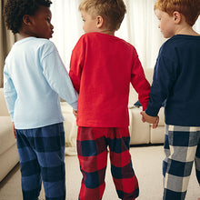 Load image into Gallery viewer, Red/Navy/Blue Vehicle Check Woven Bottom Pyjamas 3 Pack (9mths-6yrs)
