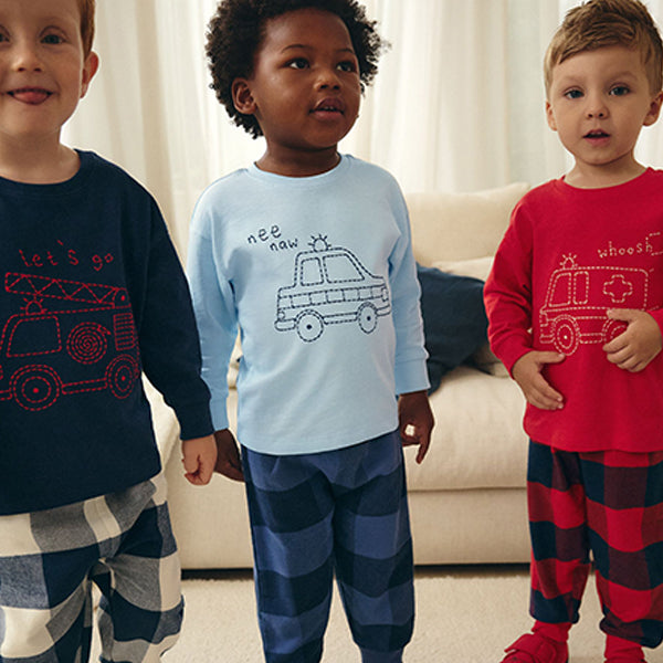 Red/Navy/Blue Vehicle Check Woven Bottom Pyjamas 3 Pack (9mths-6yrs)