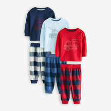 Load image into Gallery viewer, Red/Navy/Blue Vehicle Check Woven Bottom Pyjamas 3 Pack (9mths-6yrs)
