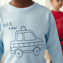 Load image into Gallery viewer, Red/Navy/Blue Vehicle Check Woven Bottom Pyjamas 3 Pack (9mths-6yrs)
