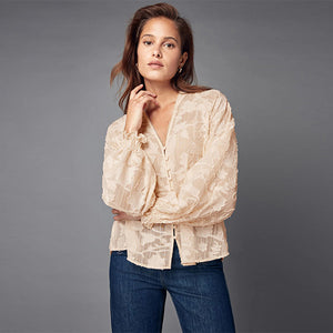 Ecru Jacquard Boho Long Sleeve Tie Neck Blouse