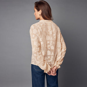 Ecru Jacquard Boho Long Sleeve Tie Neck Blouse