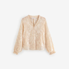 Load image into Gallery viewer, Ecru Jacquard Boho Long Sleeve Tie Neck Blouse

