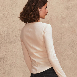 Neutral/Ecru Long Sleeve Double Collar Henley Top