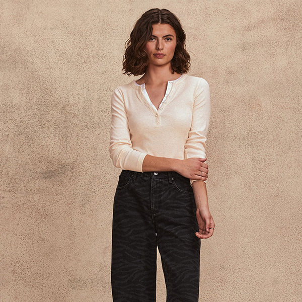 Neutral/Ecru Long Sleeve Double Collar Henley Top