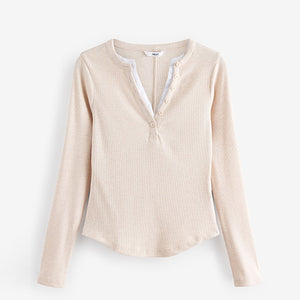 Neutral/Ecru Long Sleeve Double Collar Henley Top