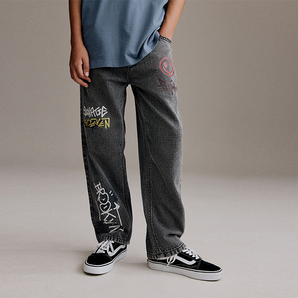 Grey Wide Fit 100% Cotton Graffiti Denim Jeans