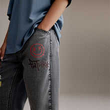Load image into Gallery viewer, Grey Wide Fit 100% Cotton Graffiti Denim Jeans
