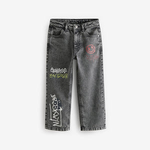 Grey Wide Fit 100% Cotton Graffiti Denim Jeans