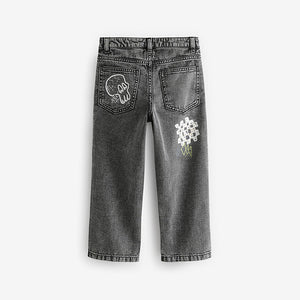 Grey Wide Fit 100% Cotton Graffiti Denim Jeans