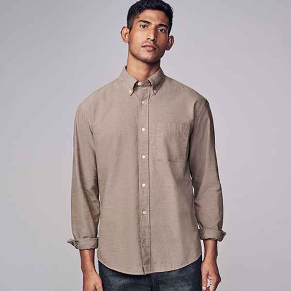 Stone Natural Brushed 100% Cotton Oxford Long Sleeve Shirt