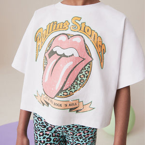 White/Blue Rolling Stones Boxy 100% Cotton T-Shirt And Cycle Shorts Set (4-12yrs)