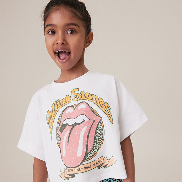 White/Blue Rolling Stones Boxy 100% Cotton T-Shirt And Cycle Shorts Set (4-12yrs)