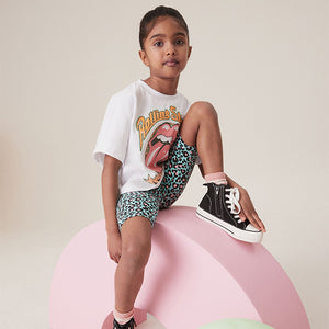 White/Blue Rolling Stones Boxy 100% Cotton T-Shirt And Cycle Shorts Set (4-12yrs)