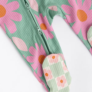 Green Flower Baby Two Way Zip Floral Print 100% Cotton Sleepsuits 3 Pack (0mths-18mths)