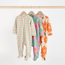 Load image into Gallery viewer, Green Flower Baby Two Way Zip Floral Print 100% Cotton Sleepsuits 3 Pack (0mths-18mths)
