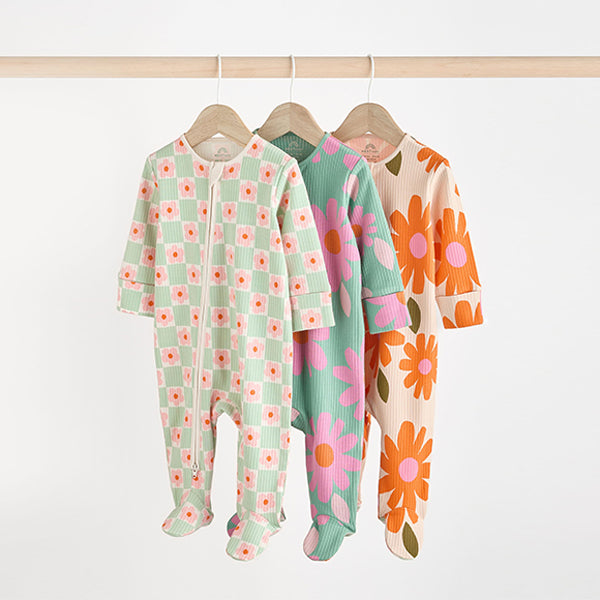 Green Flower Baby Two Way Zip Floral Print 100% Cotton Sleepsuits 3 Pack (0mths-18mths)