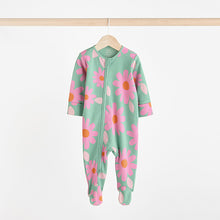 Load image into Gallery viewer, Green Flower Baby Two Way Zip Floral Print 100% Cotton Sleepsuits 3 Pack (0mths-18mths)
