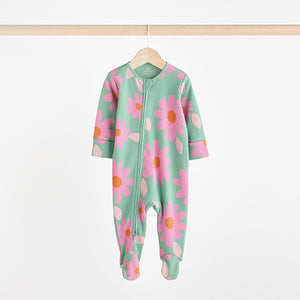 Green Flower Baby Two Way Zip Floral Print 100% Cotton Sleepsuits 3 Pack (0mths-18mths)