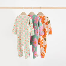 Load image into Gallery viewer, Green Flower Baby Two Way Zip Floral Print 100% Cotton Sleepsuits 3 Pack (0mths-18mths)
