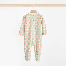 Load image into Gallery viewer, Green Flower Baby Two Way Zip Floral Print 100% Cotton Sleepsuits 3 Pack (0mths-18mths)
