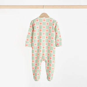 Green Flower Baby Two Way Zip Floral Print 100% Cotton Sleepsuits 3 Pack (0mths-18mths)