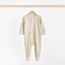 Load image into Gallery viewer, Green Flower Baby Two Way Zip Floral Print 100% Cotton Sleepsuits 3 Pack (0mths-18mths)
