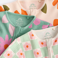 Load image into Gallery viewer, Green Flower Baby Two Way Zip Floral Print 100% Cotton Sleepsuits 3 Pack (0mths-18mths)
