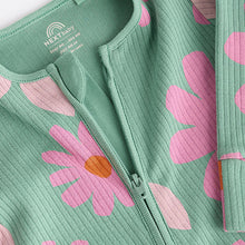 Load image into Gallery viewer, Green Flower Baby Two Way Zip Floral Print 100% Cotton Sleepsuits 3 Pack (0mths-18mths)
