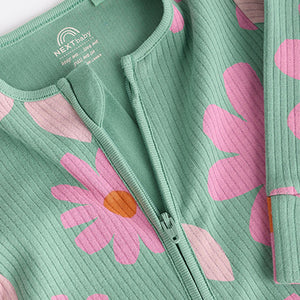 Green Flower Baby Two Way Zip Floral Print 100% Cotton Sleepsuits 3 Pack (0mths-18mths)