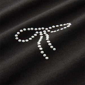 Black 100% Cotton Pearl Bows Embellished Short Sleeve T-Shirt