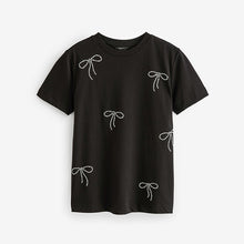 Load image into Gallery viewer, Black 100% Cotton Pearl Bows Embellished Short Sleeve T-Shirt
