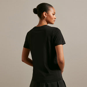 Black 100% Cotton Pearl Bows Embellished Short Sleeve T-Shirt