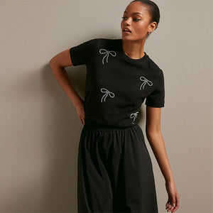 Black 100% Cotton Pearl Bows Embellished Short Sleeve T-Shirt